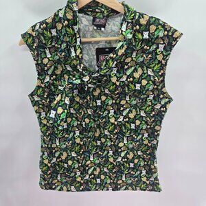 Retrolicious x Modcloth Sleeveless 100% Cotton Tie V-Neck Front Blouse Small